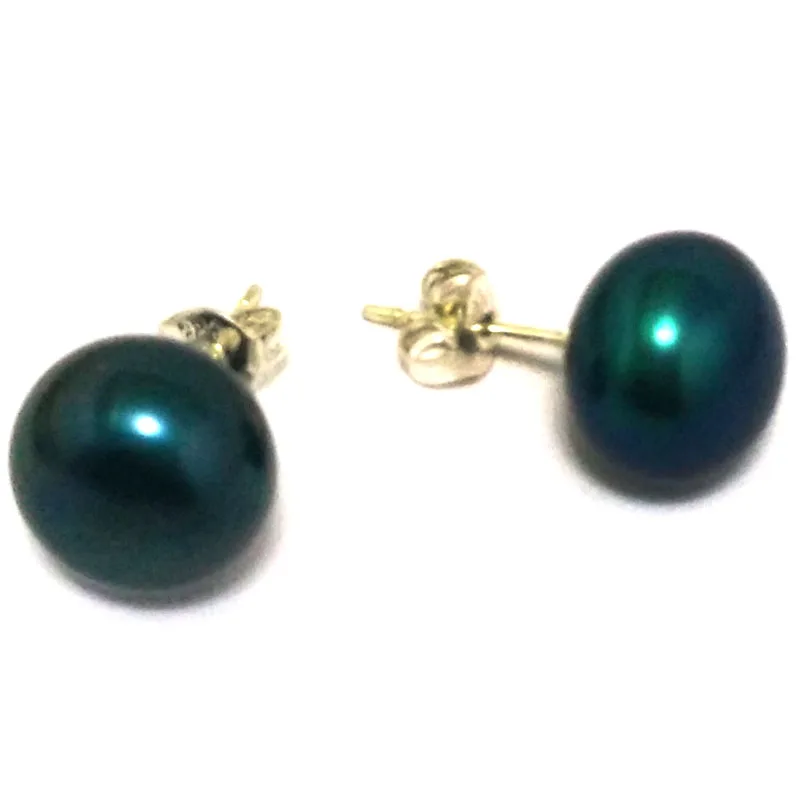

11-12mm Peacock Blue Natural Cultured Freshwater Button Pearl Earring with 925 Sterling Silver Stud