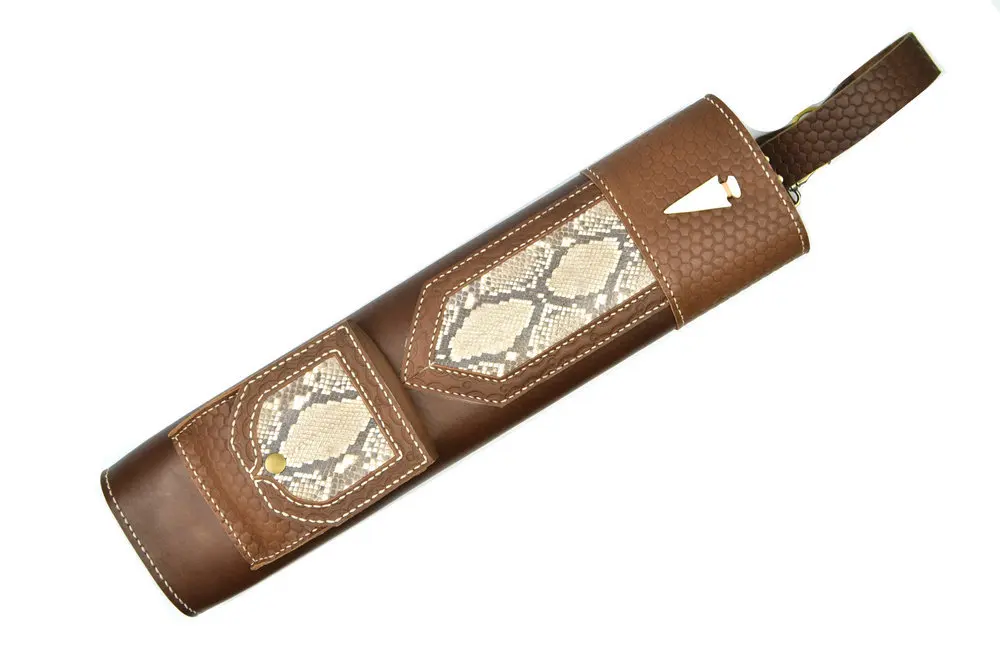 

High quality Hand Crafted Single/three point shoulder back type snakeskin Leather Archery Quiver Brown holding for Hunting
