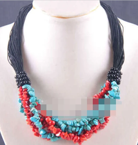 

huij 004342 Mixed Turquoise Red Sea Coral Chip Beads Nylon Line Necklace Strand 20