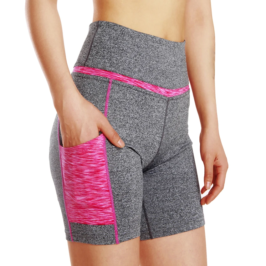 

Women High Elastic Waist Hip Push Up Tight Running Gym Yoga Quick Dry Breathable Polyester Sportswear Patchwork Pocket Shorts