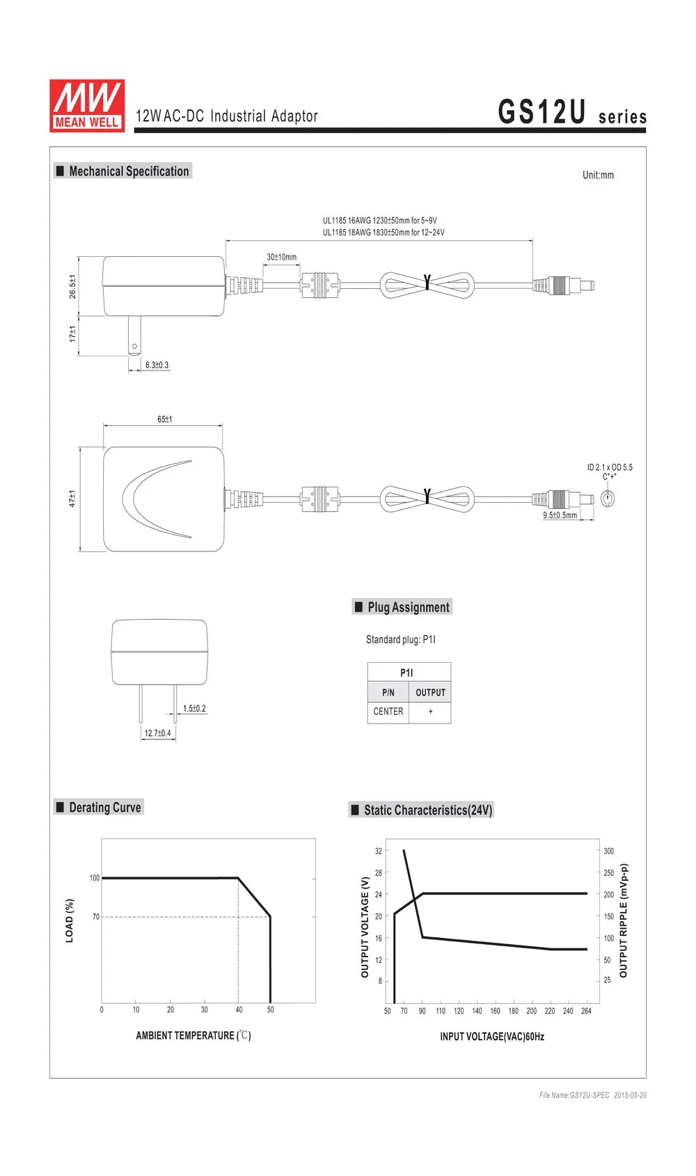 Mean Well GS12U05-P1I 10 Вт 2A 5 В промышленных настенный адаптер уровня V 2 полюса США подключить