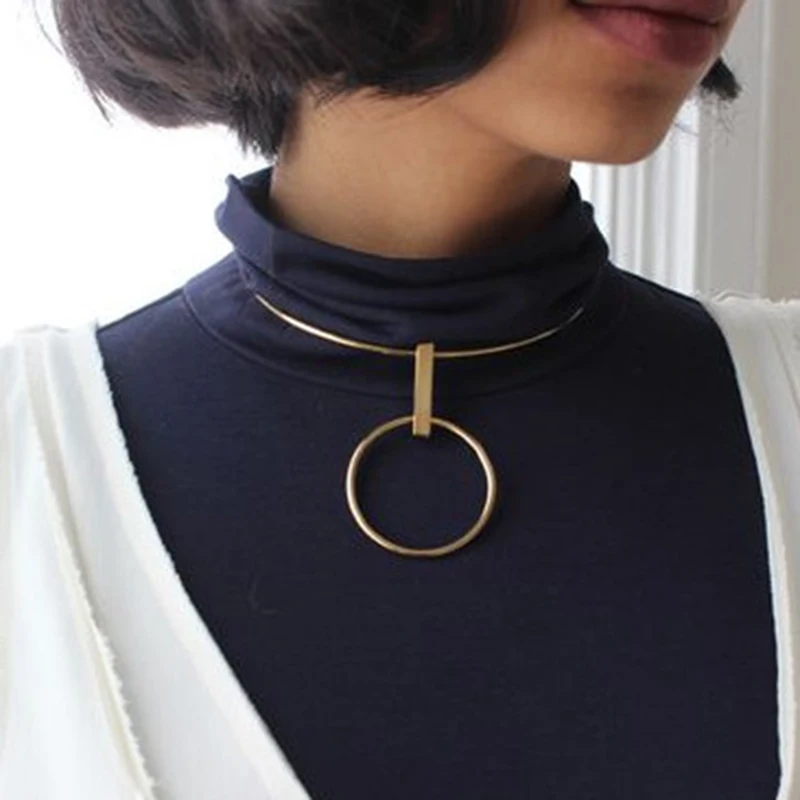 

2016 Vintage Simple Torque Pendant Necklaces for Women Copper Round Circle Torques Choker Necklace Statement Bijoux XRN38