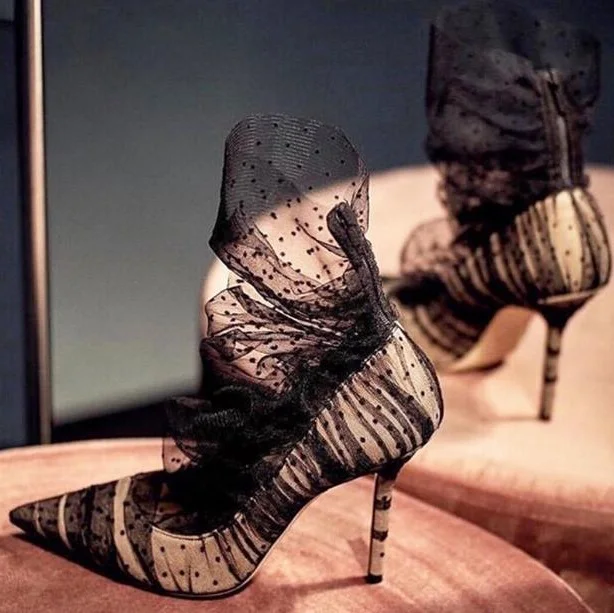 9 cm heel Недорогие женские блестящие сетчатые туфли-лодочки на тонком каблуке с острым носком, на шнуровке, замок-молния со стразами сзади, черный, телесный цвет, Свадебная обувь для женщин - Цвет: 9 cm heel