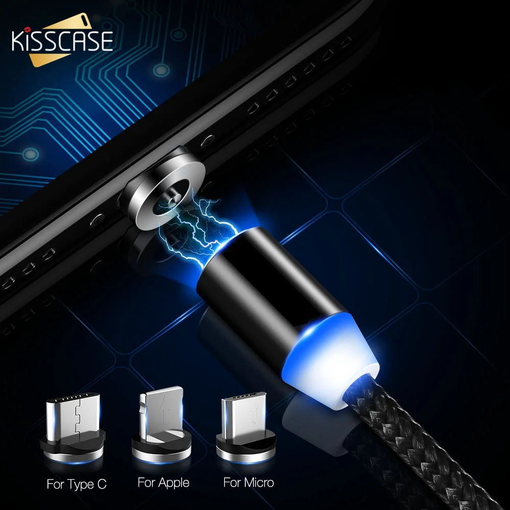 KISSCASE 1 м 2 м светодиодный магнитный кабель для iPhone X, кабель usb type-C для samsung, huawei, Xiaomi, Micro usb кабель для зарядки