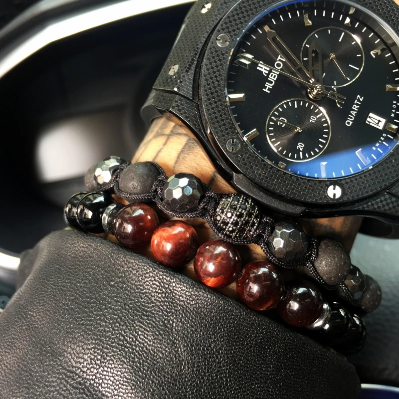Mcllroy CZ Ball Beads Braiding Macrame Men Bracelet for Men Jewelry Natural Lava Stone Beads Charm Bracelets & Bangles