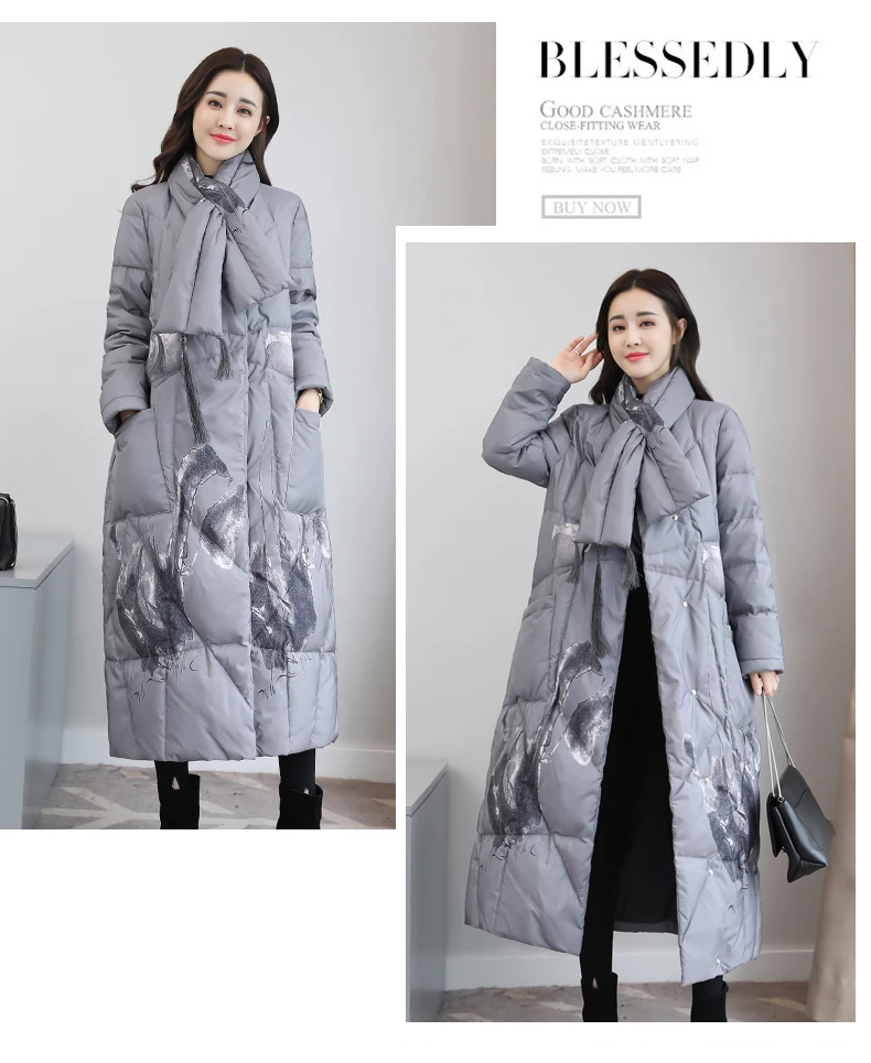 High Quality Winter Women's Ink and wash printing Chinese Style Vintage Long Down Coat