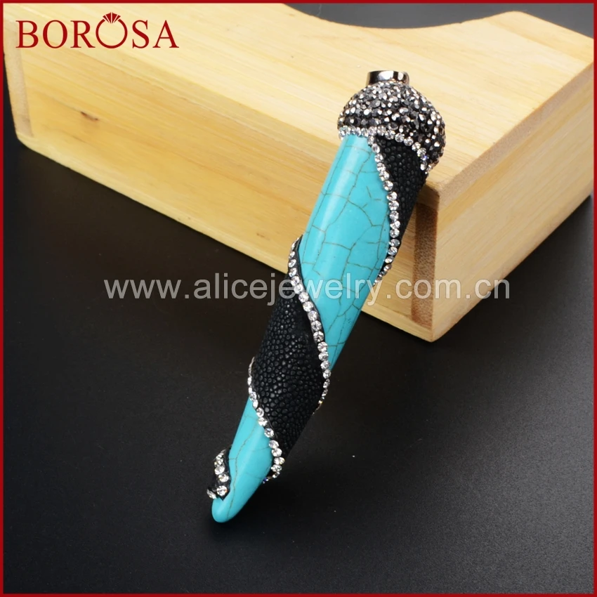 BOROSA Natural Turquoises Horn With Black Leather Pave Zircons Pendant Drusy Blue Howlite Gems for Necklace JAB453 | Украшения и