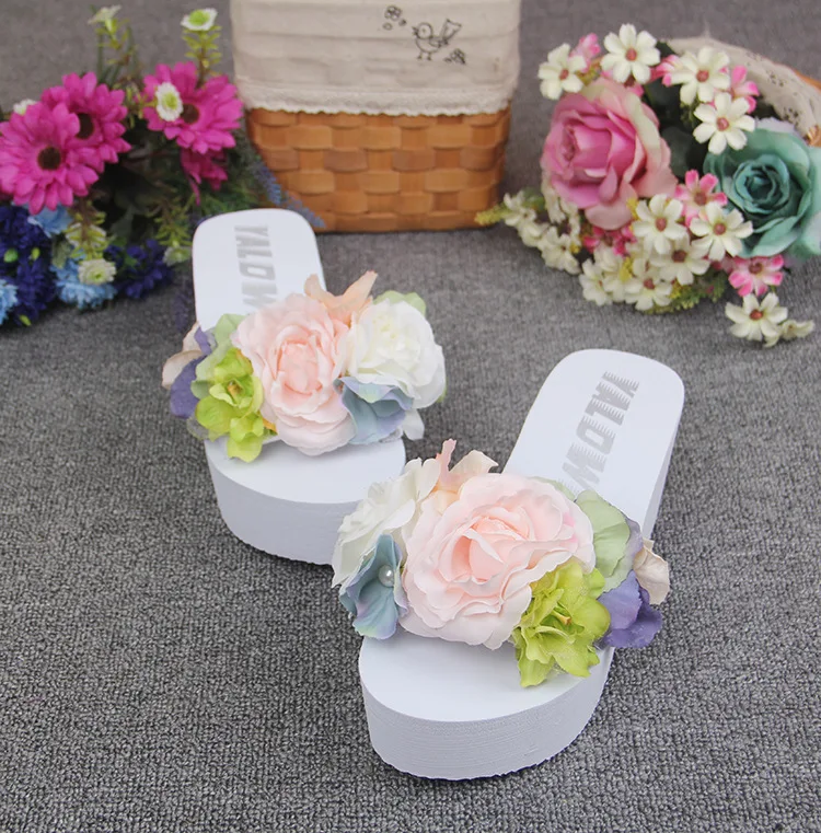 Womens New Handmade Flowers White Flip Flops Wedges Shoes Online Sale Slipper Beach Sandals Cheap49