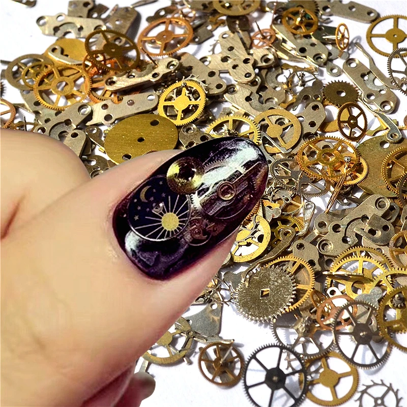 12 Mixed Designs 3D Gold Silver Metal Gear Nail Art Decoration Slice Beauty Gearwheel Foil Decals Nails Accessories