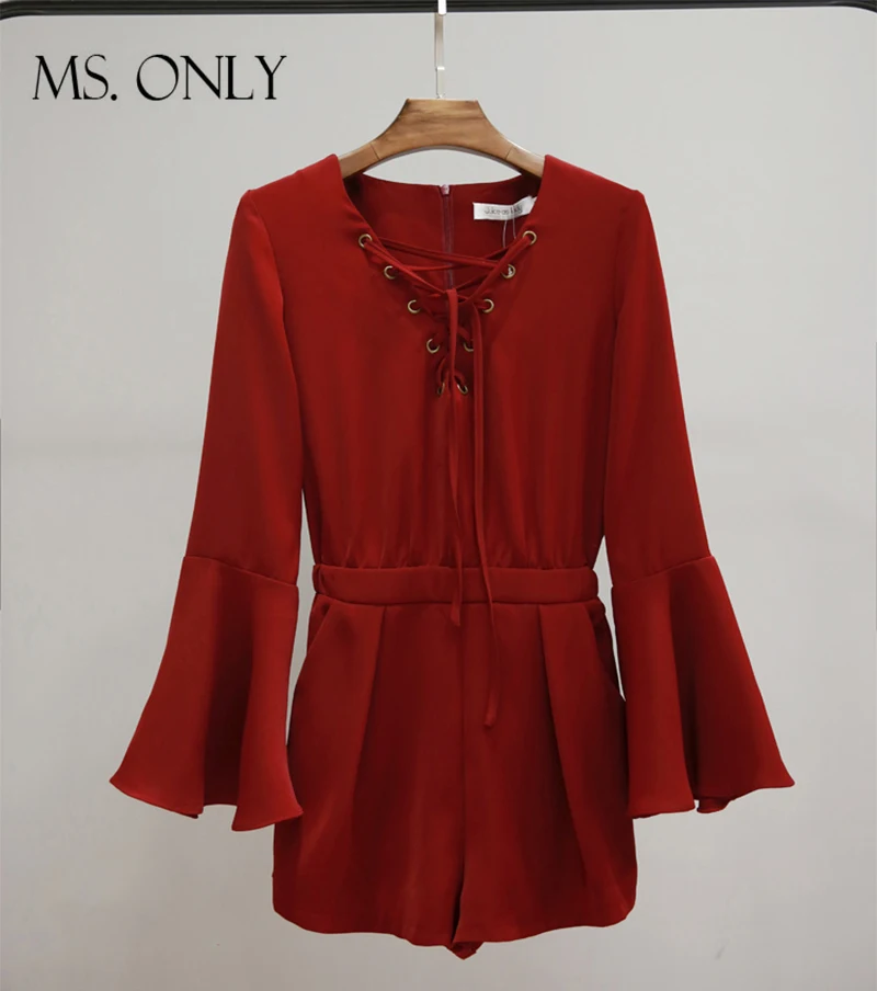 

Vintage Women Deep V Long Bell Flare Sleeve Chiffon Pants Rompers Red Hollow Bandage Tie Blouse Shorts Coverall Playsuits Romper