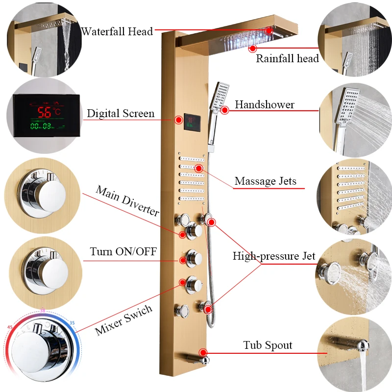 Светодиодный душ для ванной, душевая панель, Золотой водопад, дождевая душевая колонка, кран, Цифровой температурный экран, Душевая система, смеситель для ванны, носик