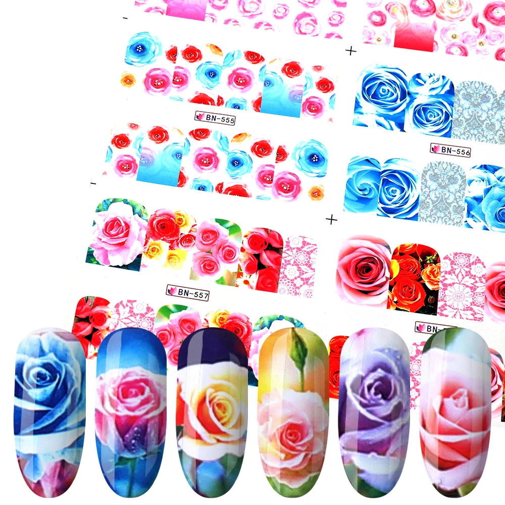 

12 Design 16x25.5cm Valentine's Floral Water Transfer Nail Stickers Foil Flower Nail Wrap Decal Full Cover Manicure Decoration