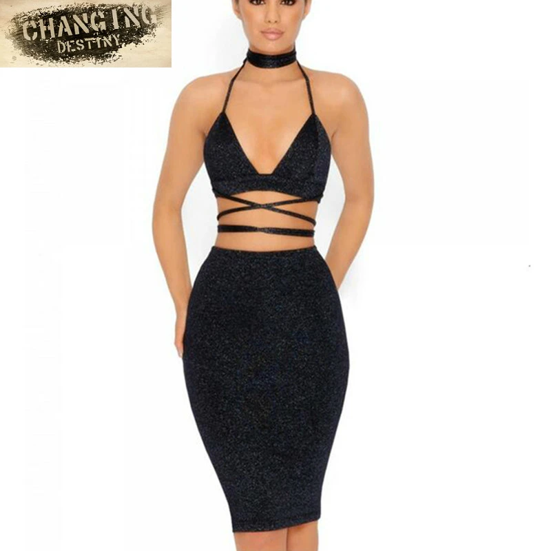 Fashion Sexy Women's Sparkly Bodycon 2 Piece Dresses 2017 Halter Lace Up Crop Top and Dresses 