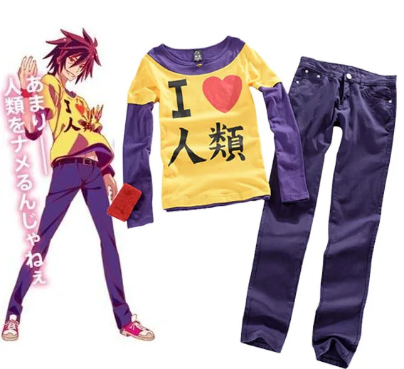 

Hot No Game No Life Sora Cosplay Costume Yellow Short Sleeve Casual T-shirt Unisex Men Women Cotton Tops Tees Slim Jeans Pants