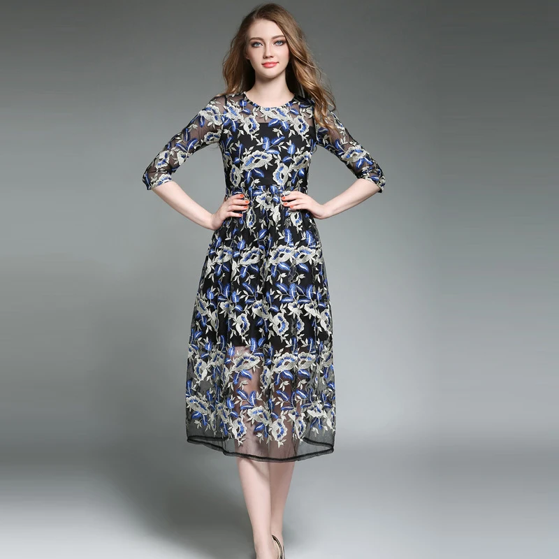 Embroidery Party Dresses Runway Floral Bohemian Flower Embroidered