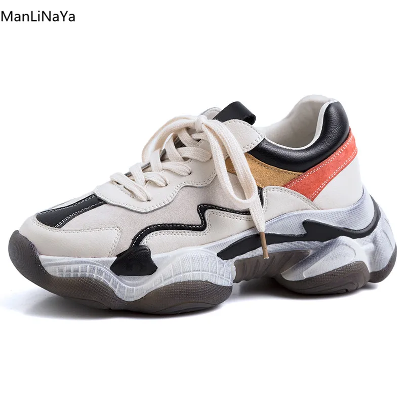 

Mixed Colors Thick Heel Platform Women Shoes Lace-Up Women Sneakers Genuine Leather Shallow Women Casual Sport Shoes Trainers