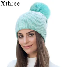 Xthree новая простая зимняя шапка из кроличьего меха, шапка с натуральным мехом, шапка с помпоном для женщин, цветная шапка Skullies, теплая Женская шапка