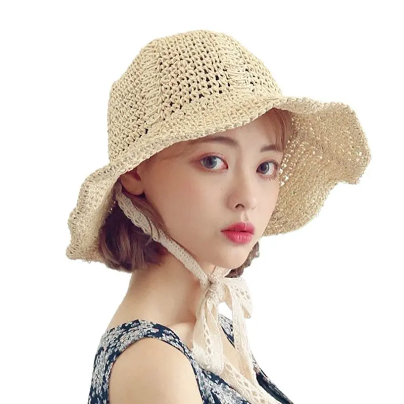 

Beach Hats Women Summer Princess Straw Lace Strap Sunshade Cap Bucket casual Caps 2019 Fashion