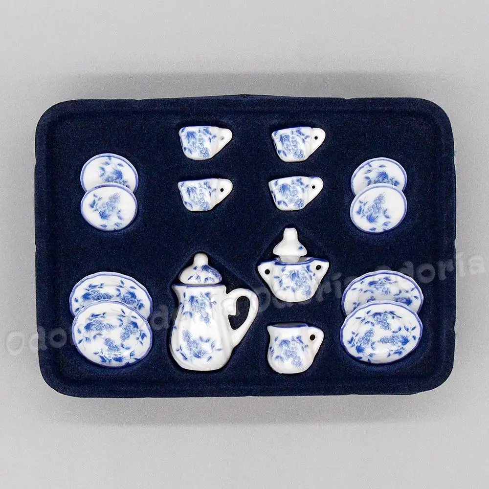 Odoria 1:12 миниатюрный 15 шт синий фарфор чайная чашка набор винтажная керамическая посуда для кукол