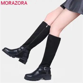 

MORAZORA Russia womens motorcycle boots black Stretch Fabric knee high boots women winter shoes female booties drop shipping