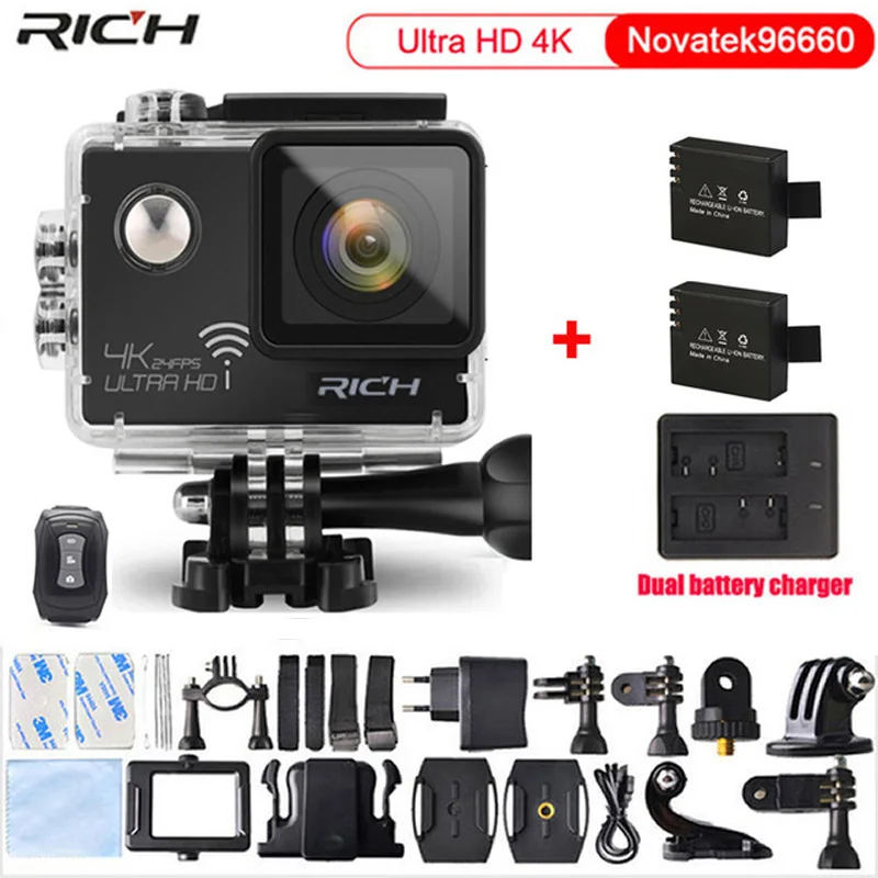 

Original Sport Camera NT96660 4K 24fps ULTRA HD 16MP WiFi 30M Waterproof Action camera Extra 2pcs battery+Dual battery charger