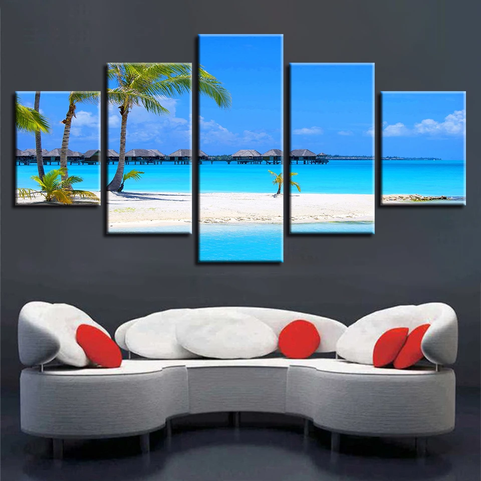 Wall Decor Seascape Prints Art 5 Pieces Beach Palm Tree Wood Bridge Blue Sky White Cloud Canvas Pictures Modular Poster Painting