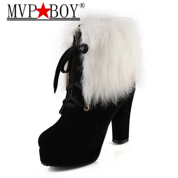 

MVP BOY Russia Winter Warm Women High Heels Half Knee Boot Platform Bota Thickened Fur Cotton Snow Mid Calf Boot Shoes Size 43