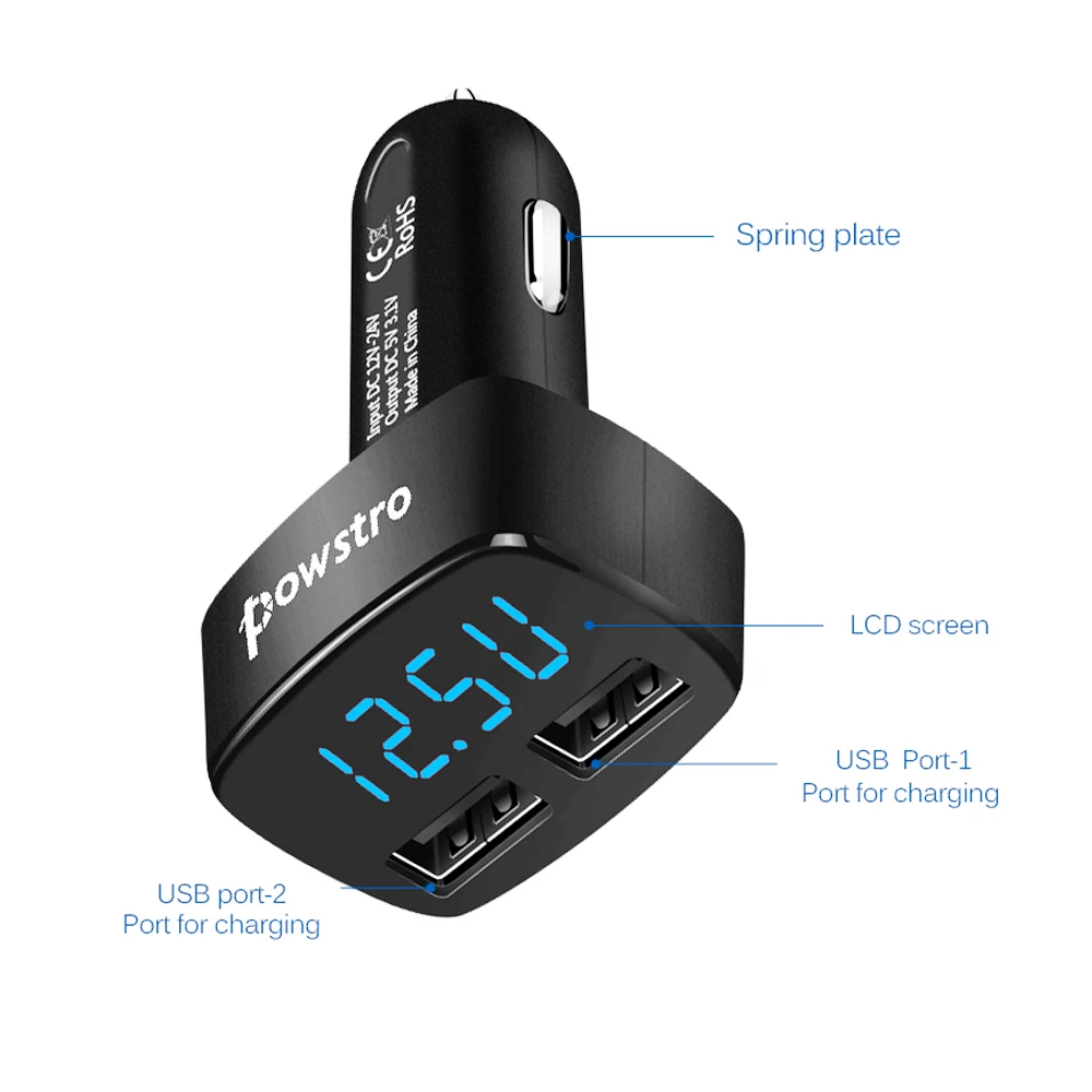 Powstro светодиодный Дисплей двойной Переходник USB для зарядки в машине 5V 3.1A Напряжение ток Температура монитор тестер универсальный для iPhone и Android