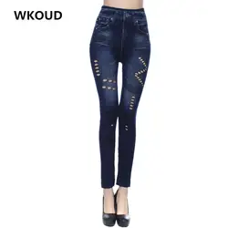 Wkoud Для женщин Zip печатных Джинсы для женщин Леггинсы для женщин модные бесшовные леггинсы тонкий искусственный джинсовые штаны