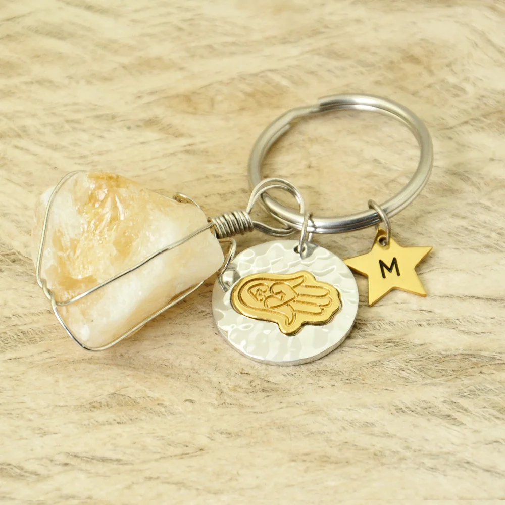 

Personalized Yoga Key Rings Initials Keychain Gemstone Keychain Quartz Keychain Hamsa Hand Pandent