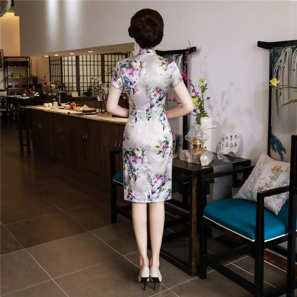 Шанхай история короткий рукав цветочный Qipao длиной до колена cheongsam платье китайский Восточный платья для женщин