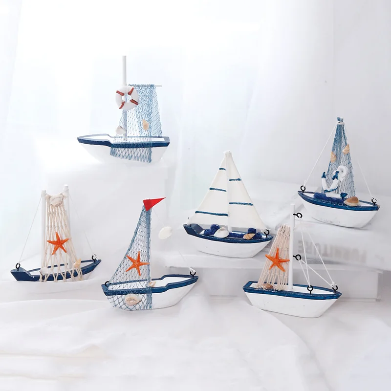

Vintage Mediterranean Style Marine Nautical Wooden Blue Sailing Boat Ship Wood Crafts LBShipping