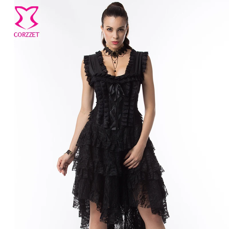 Prom Black Floral Lace Victorian Gothic Clothing Steampunk Corset Dress Long Corsets And