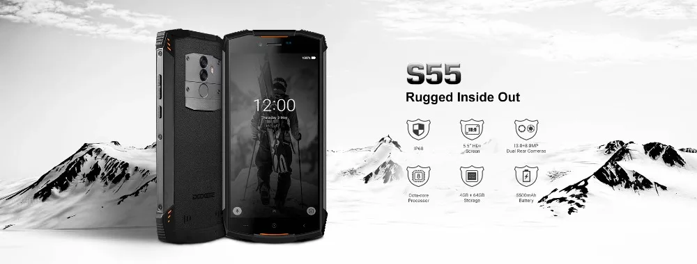 DOOGEE S55 водонепроницаемый IP68 5,5 "HD + смартфон 4G LTE Android 8,0 MTK6750T Восьмиядерный 4 Гб 64 Гб 13 МП 5500 мАч 5V2A Быстрая зарядка