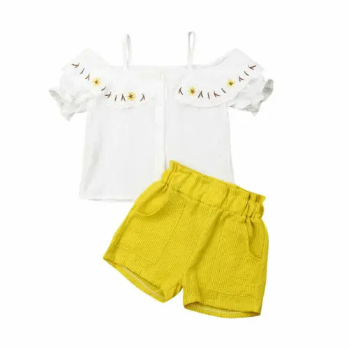 Toddler Baby Girls Outfits Off-Shoulder Button Up Strappy Shirt + Front Pockets Yellow Shorts Infant Clothe Sets 3-8T Toddler Baby Girls Outfits Off-Shoulder Button Up Strappy Shirt + Front Pockets Yellow Shorts Infant Clothe Sets 3-8T