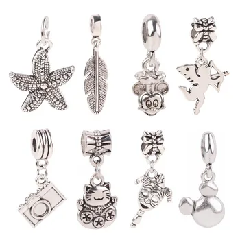 

Couqcy New Camera Mickey Starfish Love Pendant With Blue Crystal Silver Color Beads Charms Fit Brand Bracelets DIY Jewelry