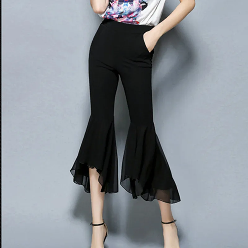 

New Summer Chiffon Patchwork Flare Pants Slim Elastic Seven Points Pants WomanTrousers Ruffles Fashion Capri pantalones mujer