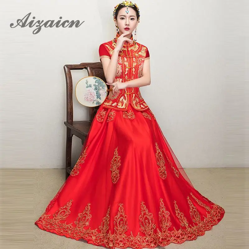 Красный атлас Лето для женщин пикантные цветы вышивка невесты Cheongsam свадебное платье Китайский дракон костюм короткий рукав Qipao