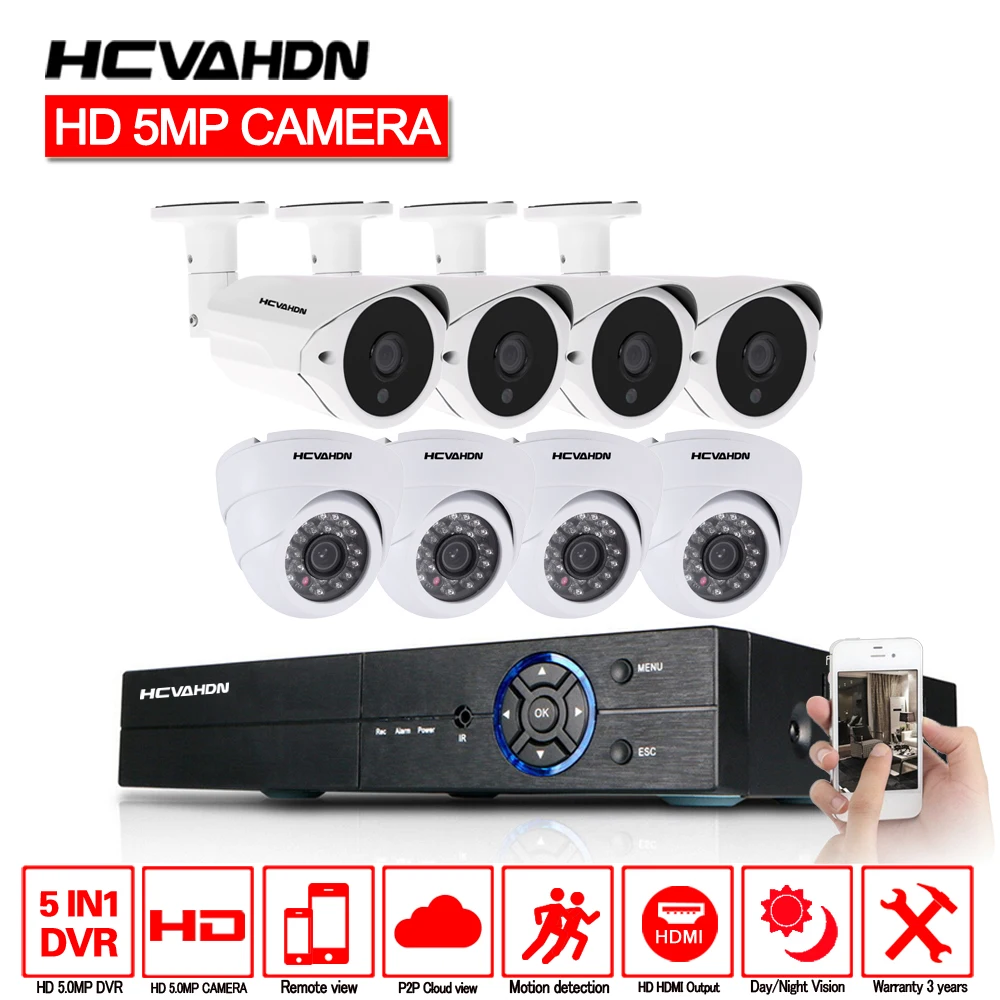 HCVAHDN 8CH 5MP CCTV AHD DVR system 8xSuper 5MP indoor outdoor waterproof security camera 3 6mm