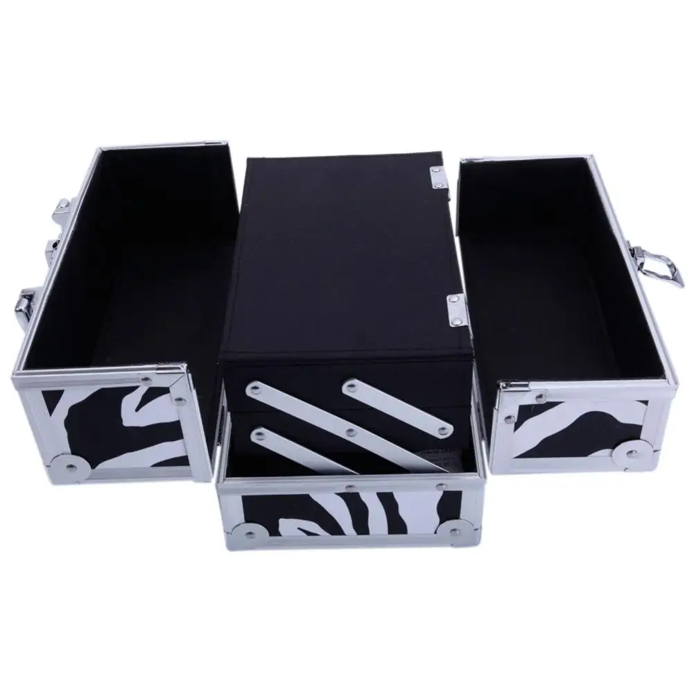 

SM-2176 Aluminum Makeup Train Case Jewelry Box Cosmetic Organizer With Mirror 9"x6"x6" White Zebra