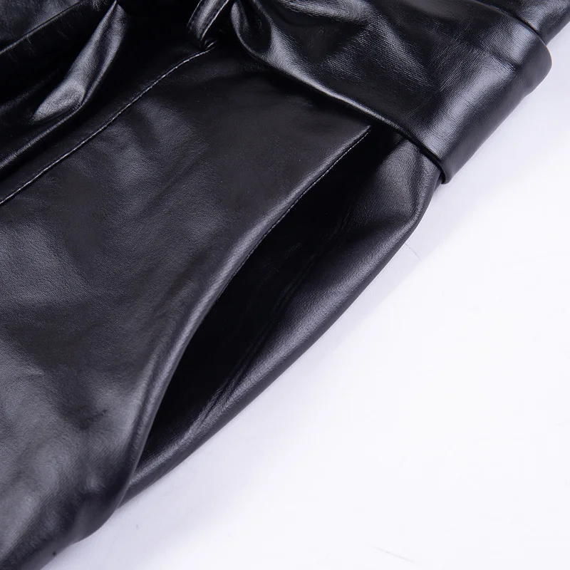 Сексуальные золотисто-черные брюки-карандаш с высокой талией, женские длинные брюки из искусственной кожи с поясом, повседневные сексуальные эксклюзивные модные дизайнерские брюки