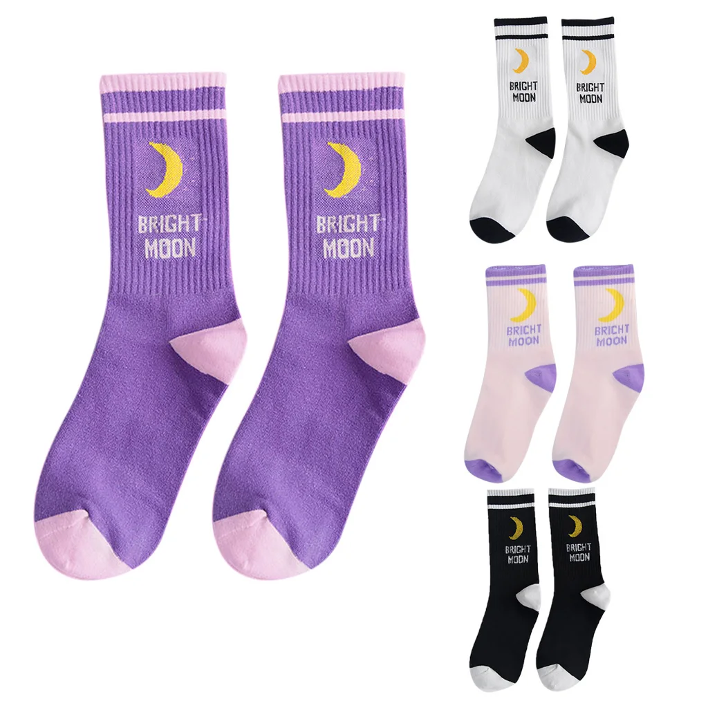 

Unisex Harajuku Hip Hop Autumn Elastic Rib Trim Long Crew Socks New Moon Letters Stripes Printed Couples Cotton Tube Hosiery