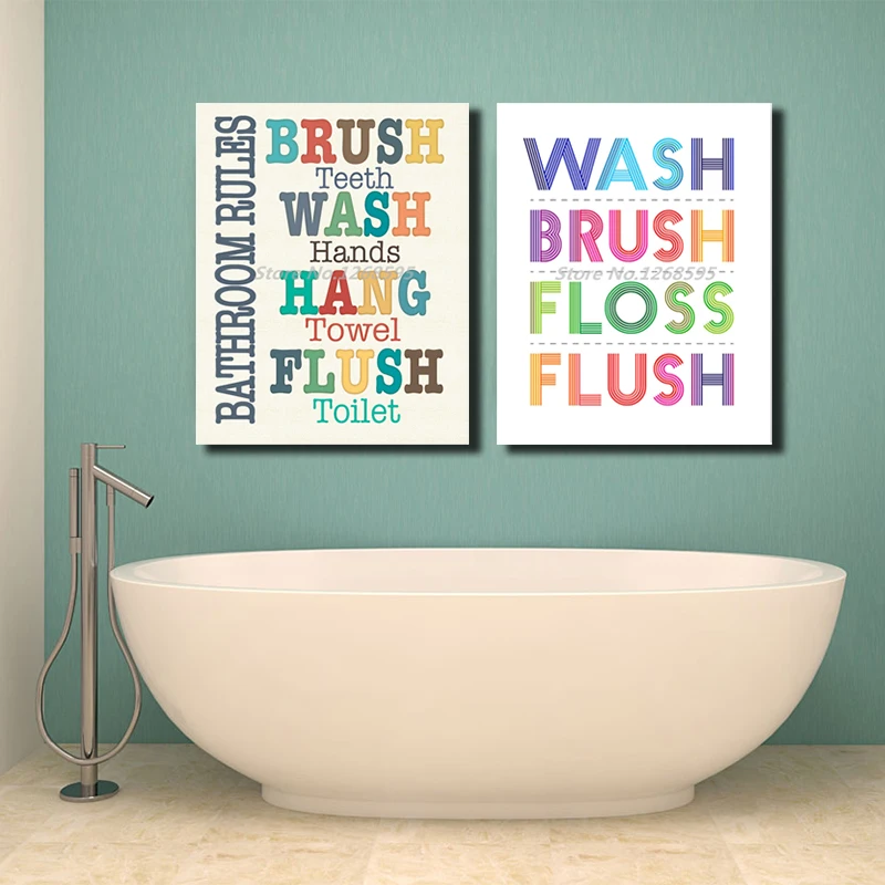 Colorful Bathroom Rules Typographic Canvas Posters Prints Wall Art