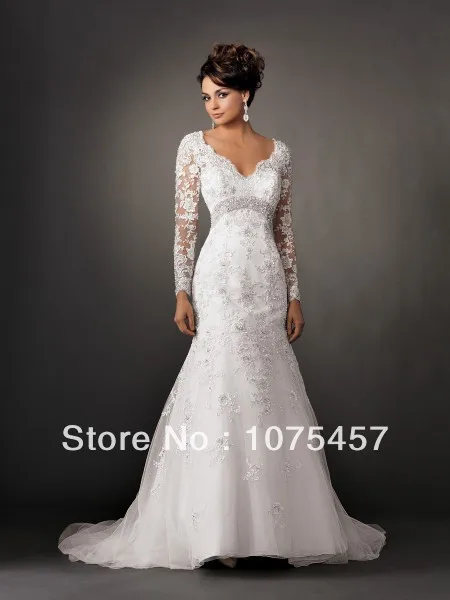Unique Long Sleeve Wedding Dresses Lace Bodice Organza V Neck Appliques with Pleat Keyhole Back Floor Length Free Shipping WJ192 | Свадьбы и