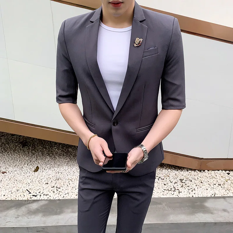 

custom Summer thin suit set men's middle sleeve suit two pieces Korean version slimming short sleeve suit