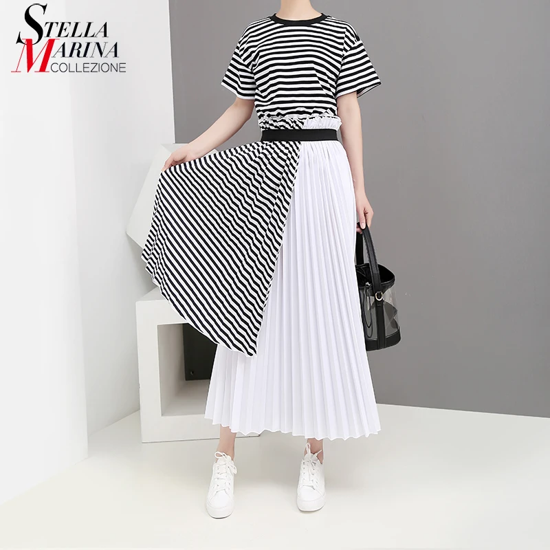

New 2019 Korean Style Fake Two Piece Women Summer A-Line Striped Dress With Sashes Ladies Cute Wear Long Pleated Dress Robe 5195