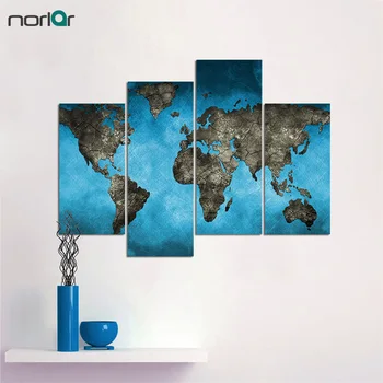 

4 Pieces Canvas Paintings Blue Background Retro World Map Wall Art Painting Pictures Print On Canvas Art The Picture Unframed