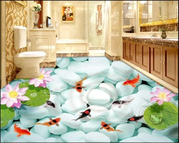 

beibehang High-end beautiful 3d wallpaper definition lotus Koi nine fish figure lotus pond 3d flooring painting papel de parede