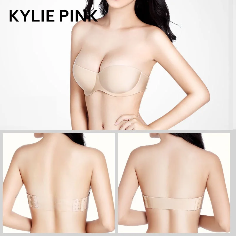 

KYLIE PINK Invisible Bras Women Back Less Seamless Female Underwear Strapless Lingerie Brassiere Half Cup For Wedding Dress