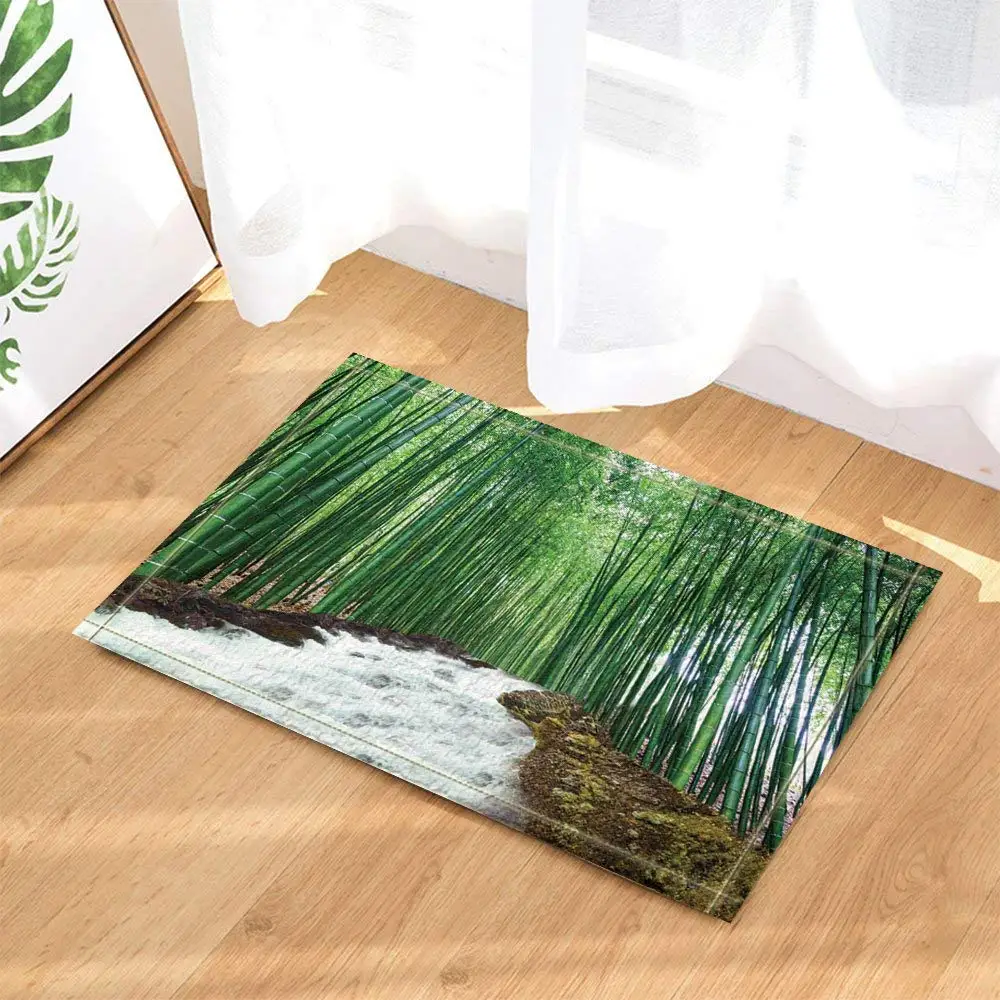 Bathroom Carpet Kitchen Mats Landscape Decor, Exotic Asian Natural Waterfall in Bamboo Forest Bath Rugs, Non-Slip Doormat